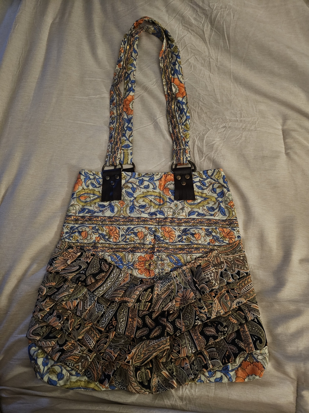 New Karma Highway Floral Ruffle Shoulder Bag in Orange, Blue & Cream